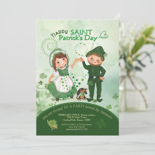 ST PATRICKS DAY Dancing Leprechauns Hand gezogen Einladung (Stehend Vorderseite)