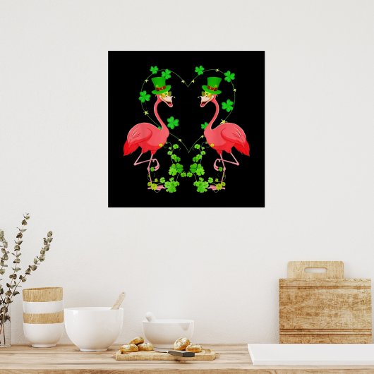 St Patrick's Day Flamingo Kleeblatt Herz Poster (Küche)