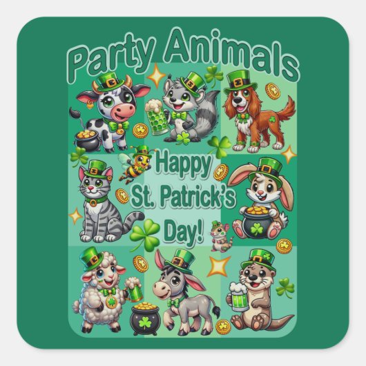 St. Patrick's Day Fun und Adorable "Party Animals" Quadratischer Aufkleber (Vorderseite)
