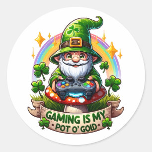 St. Patrick's Day Gamer-Gnom Runder Aufkleber
