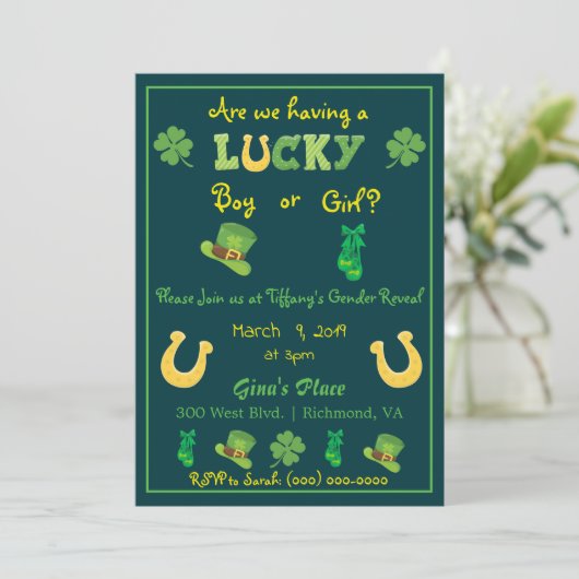 St. Patrick's Day Gender Reveal Trendy Einladung (Stehend Vorderseite)