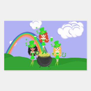 St Patrick's Day Girl Leprechauns Rechteckiger Aufkleber