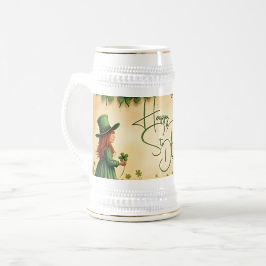 St. Patrick's Day Girl mit Kleeblättern Bierglas (Vorderseite Links)