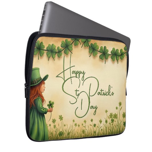 St. Patrick's Day Girl mit Kleeblättern Laptopschutzhülle (Vorne Rechts)