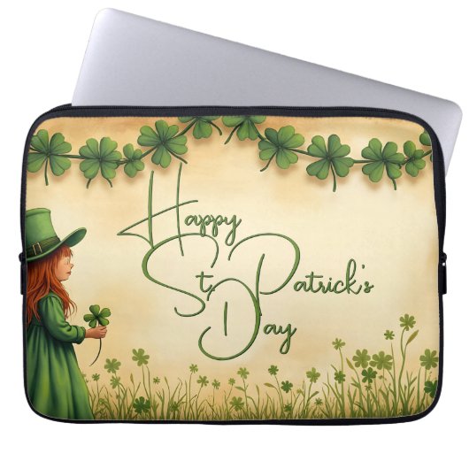 St. Patrick's Day Girl mit Kleeblättern Laptopschutzhülle (Vorderseite)