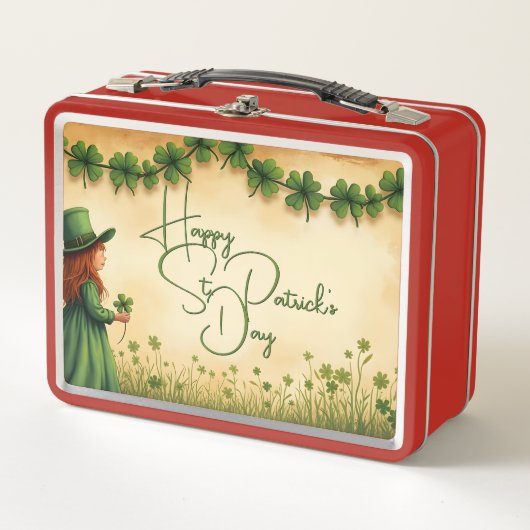 St. Patrick's Day Girl mit Kleeblättern Metall Brotdose (Vorderseite)