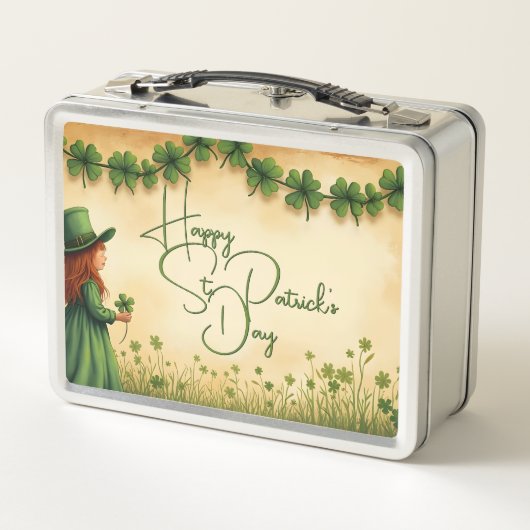 St. Patrick's Day Girl mit Kleeblättern Metall Brotdose (Rückseite)