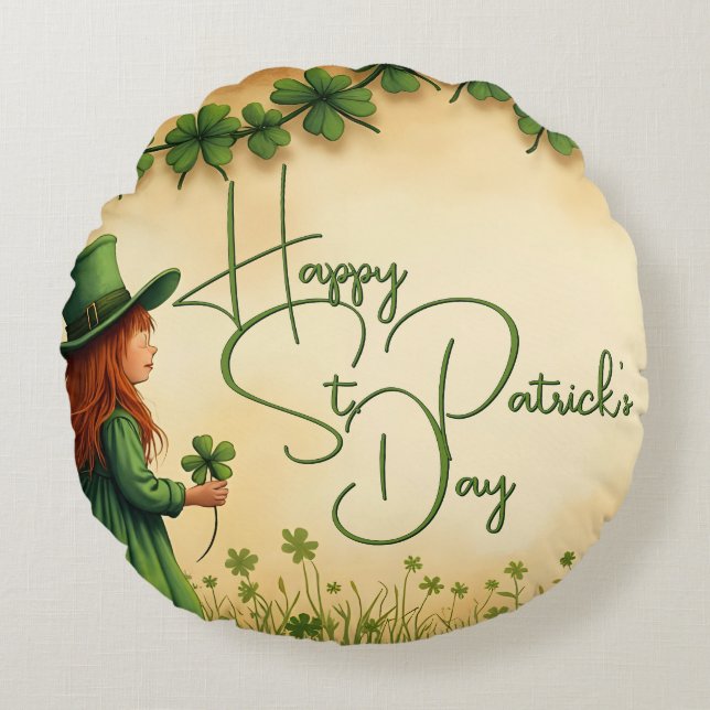 St. Patrick's Day Girl mit Kleeblättern Rundes Kissen (Vorderseite)