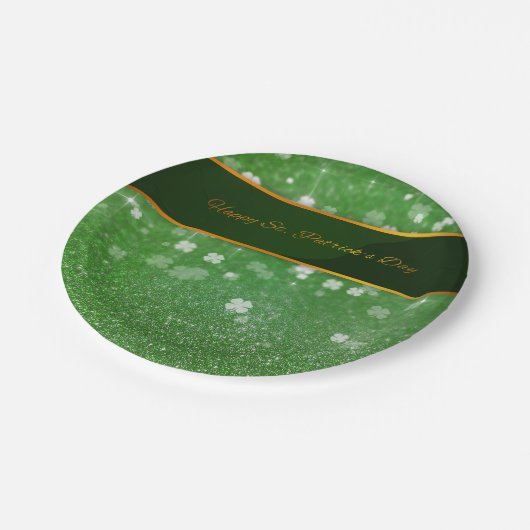 St. Patrick's Day Glitzer Kleeblatt Pappteller (Schrägansicht)