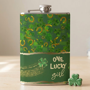 St Patricks Day Glücksmädchen Grün & Gold Kleeblat Flachmann