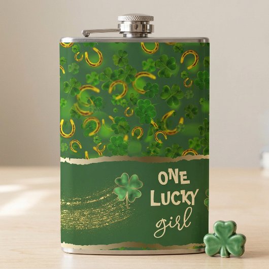 St Patricks Day Glücksmädchen Grün & Gold Kleeblat Flachmann