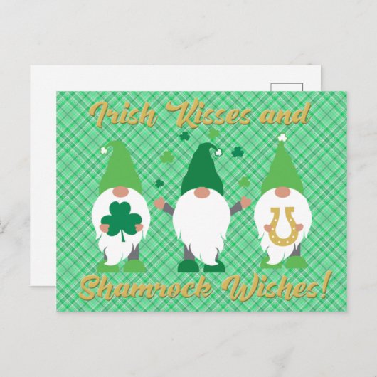 St Patrick's Day Gnome Kisses and Kleeblatt Postkarte (Vorne/Hinten)