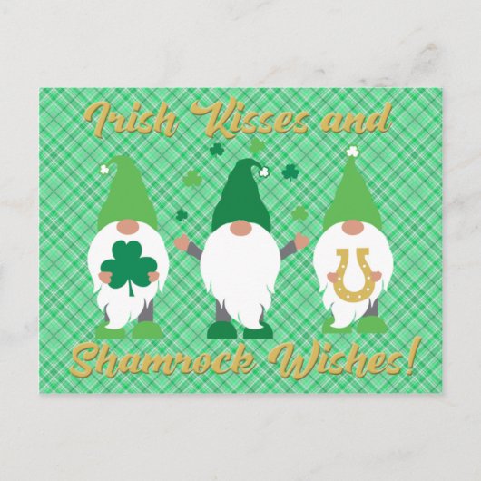 St Patrick's Day Gnome Kisses and Kleeblatt Postkarte (Vorderseite)