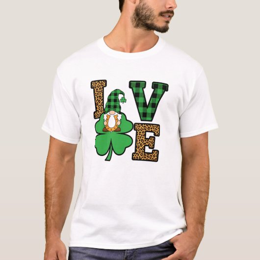 St Patrick's Day Gnome Love Leopard Plaid Art T-Shirt (Vorderseite)