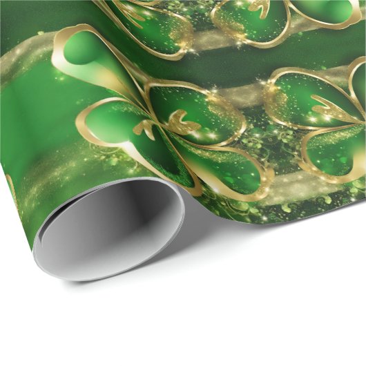 St. Patricks Day Gold Glitzer Green Clover Leaf Geschenkpapier (Rolleneckpunkt)