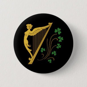St Patrick's Day Gold Harp und Kleeblatts Button