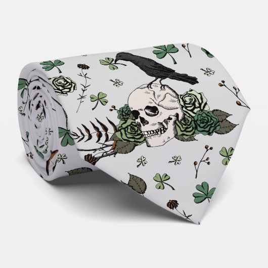 St Patrick's Day Gray & Green Skulls & Rose Krawatte (Gerollt)