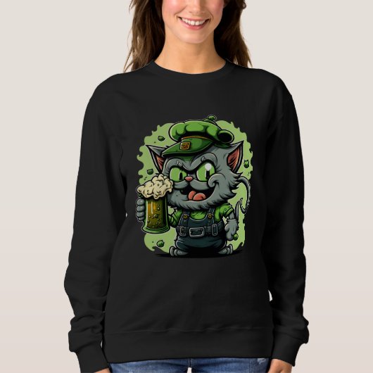 St Patrick's Day Green Cat Beer Drinking Sweatshirt (Vorderseite)