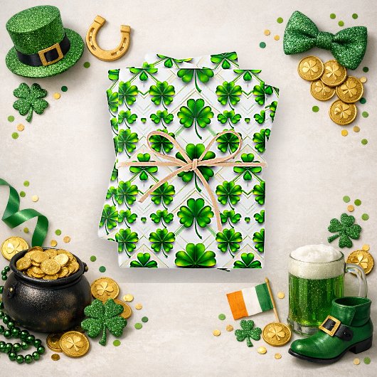 St. Patrick's Day Green Clover Diamond Pattern Geschenkpapier Set