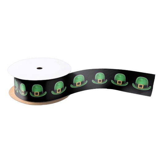 St Patrick's Day Green Derby Hat Muster auf schwar Satinband (Spule)