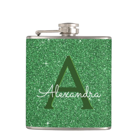 St. Patrick's Day Green Glitzer & Sparkle Monogram Flachmann (Vorderseite)