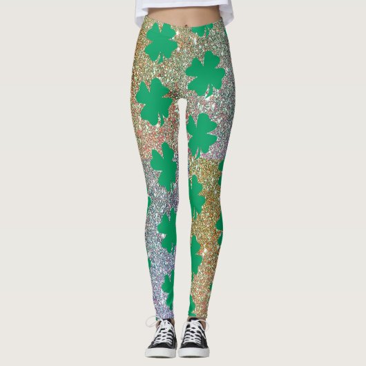 St Patrick's Day Green Gold Glitzer Kleeblatt Leaf Leggings (Vorderseite)