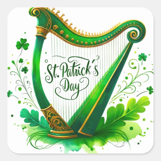 St Patricks Day Green Harp Illustration Quadratischer Aufkleber (Vorderseite)