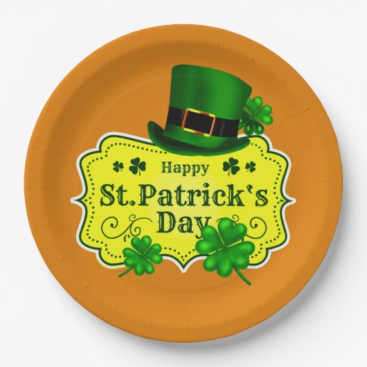 St Patrick's Day Green Hat & Kleeblatts auf Orange Pappteller (Vorderseite)