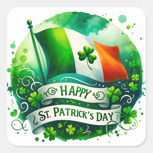 St Patricks Day Green Irish Flag Illustration Quadratischer Aufkleber (Vorderseite)
