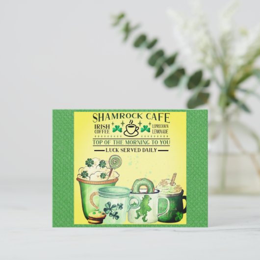 St Patricks Day Green Kleeblatt Irish Café Postkarte (Stehend Vorderseite)