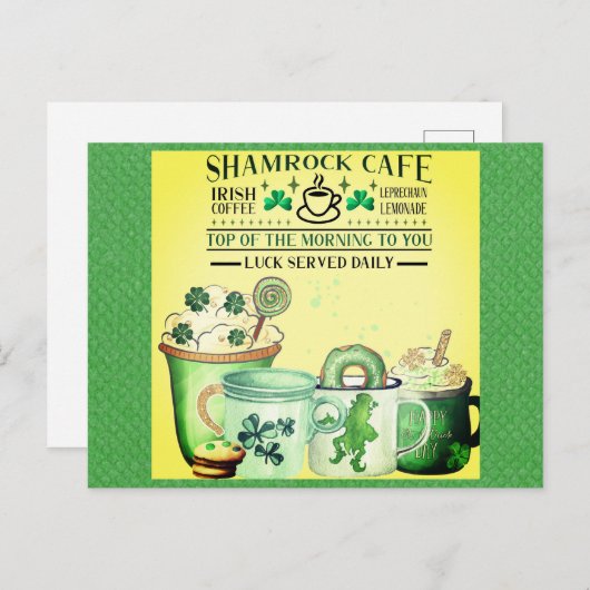 St Patricks Day Green Kleeblatt Irish Café Postkarte (Vorne/Hinten)