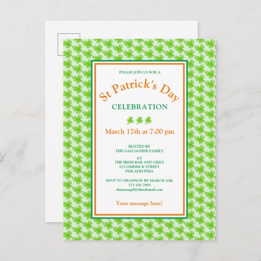 St Patrick's Day Green Kleeblatt Party Einladungspostkarte (Vorne/Hinten)