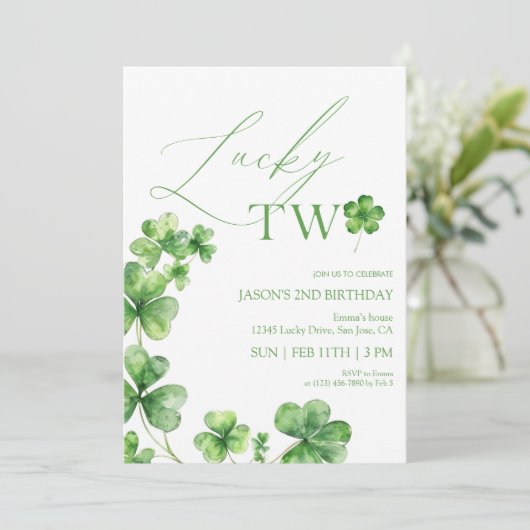 St. Patrick's day green Lucky Two Second Birthday Einladung (Stehend Vorderseite)