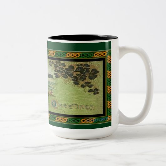 St. Patrick's Day Greetings Celtic Knot Border Tas Zweifarbige Tasse (Rechts)