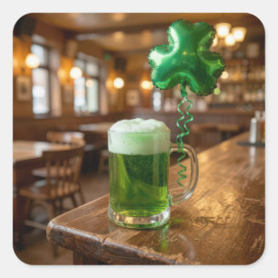 St. Patrick's Day Grüner Bier und Luftballon Quadratischer Aufkleber