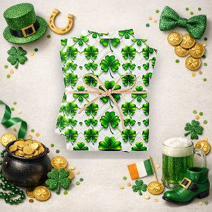 St. Patrick's Day Grüner Kleeblatt-Diamant-Muster Geschenkpapier Set