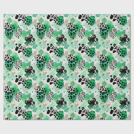 St. Patrick's Day Grüner Leopard & Herz-Kleeblatt Geschenkpapier (Flach)