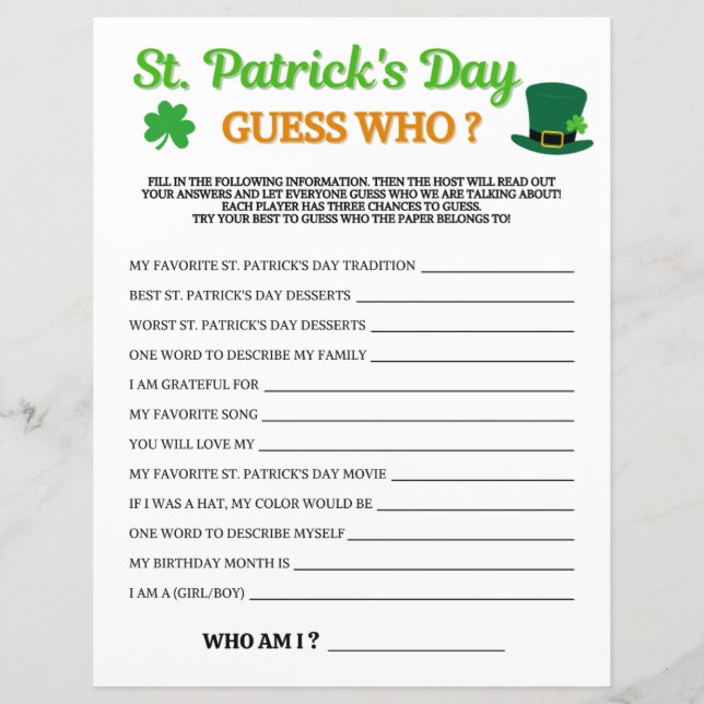 St. Patrick's Day Guess Who Game (Vorderseite)