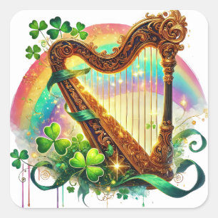 St Patricks Day Harp Illustration Quadratischer Aufkleber