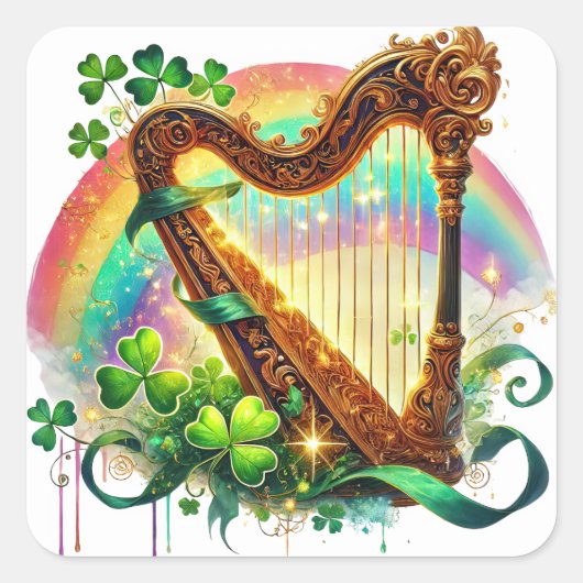 St Patricks Day Harp Illustration Quadratischer Aufkleber (Vorderseite)