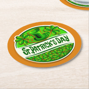 St Patrick's Day Hat Kleeblatts Green Orange Runder Pappuntersetzer
