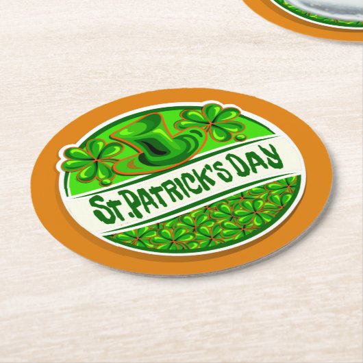 St Patrick's Day Hat Kleeblatts Green Orange Runder Pappuntersetzer (Angewinkelt)