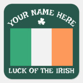 St Patrick's Day Ireland Flag Custom Name Shamrock Quadratischer Aufkleber (Vorderseite)