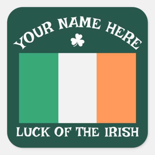 St Patrick's Day Ireland Flag Custom Name Shamrock Quadratischer Aufkleber (Vorderseite)