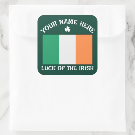 St Patrick's Day Ireland Flag Custom Name Shamrock Quadratischer Aufkleber (Tasche)