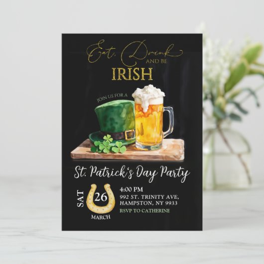 St Patricks Day Irish Kleeblatt Beer Holiday Party Einladung (Stehend Vorderseite)