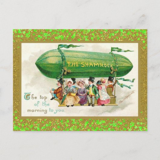 St Patrick's Day Irish Zeppelin Kleeblatts Glitzer Postkarte (Vorderseite)
