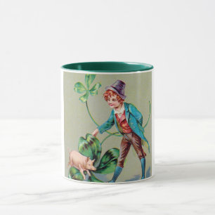 St. Patricks Day Junge & Glücksschwein, Vintage Tasse