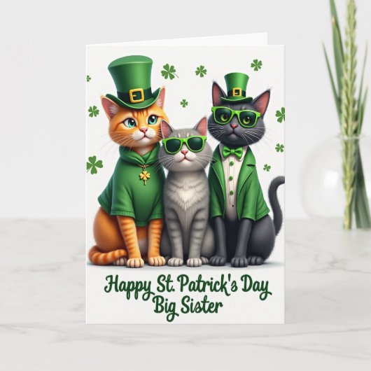 St. Patricks Day Katzen Karte für große Schwester (Vorderseite)