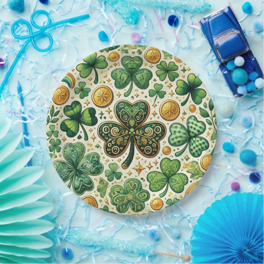 St. Patrick's Day Kleeblatt and Gold Pattern Pappteller (Party)